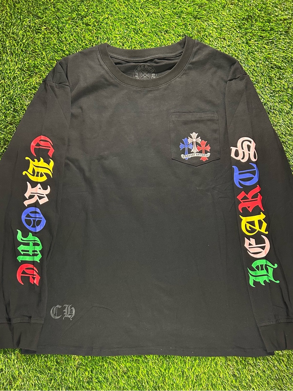 Chrome Hearts Black Long Sleeve Pocket Tee with Multicolor Sleeve Gothic Script